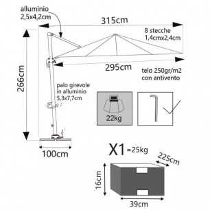 OMBRELLONE SATURNO TAUPE PL 3 X 3 TELO TORTORA