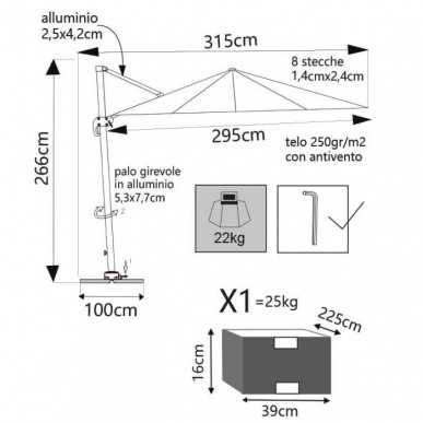 OMBRELLONE SATURNO TAUPE PL 3 X 3 TELO TORTORA